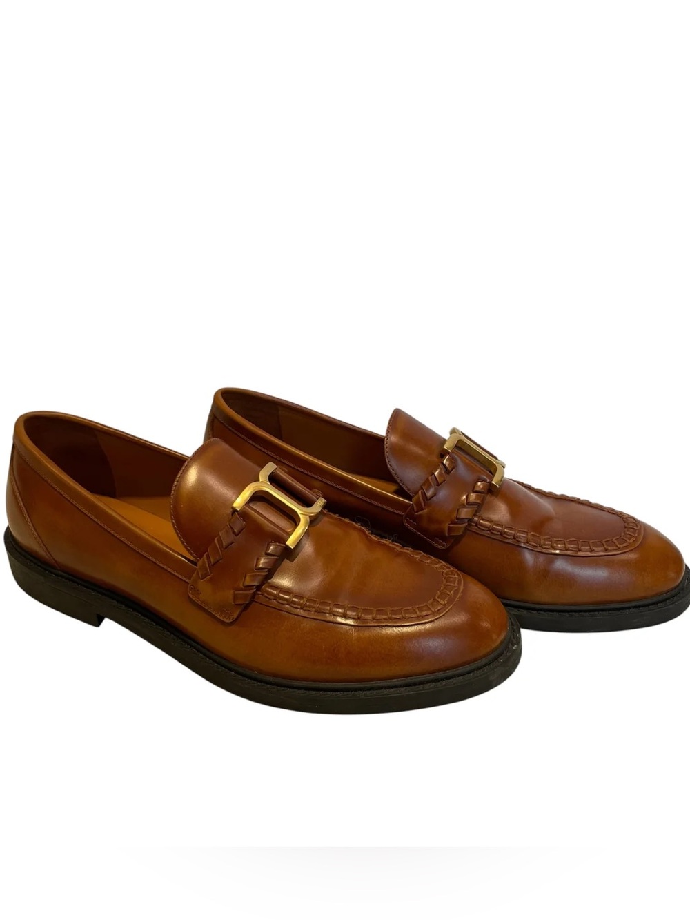 Chloe Brown Leather Slip-On Loafers with Gold Buckle